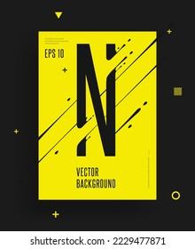 Modern yellow black abstract techno alphabet poster. Dynamic illustration of letter with liquid ink splashes and lines. Vector art design element. Letter N