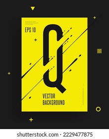 Modern yellow black abstract techno alphabet poster. Dynamic illustration of letter with liquid ink splashes and lines. Vector art design element. Letter Q