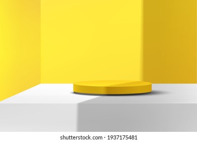 Modern yellow and black cylinder pedestal podium, yellow and white empty room with shadow of window. Abstract vector rendering 3d shape, Products display presentation. Studio room minimal wall scene.