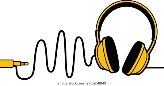 Modern yellow and black headphones connected by an undulating audio cable and an audio jack, presented on a crisp white backdrop.