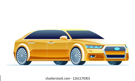 Modern Yellow Car. Taxi Vector Illustration. Luxury Corporate Sedan. Public Delivery Service Cab. Side View. Realistic Cartoon Vechile Hybrid. Automobile Isolated on White Background.