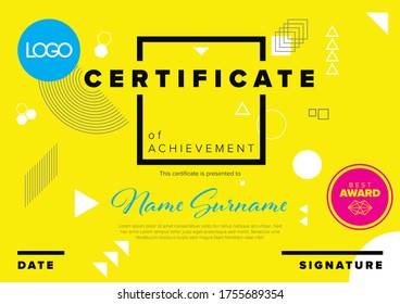 Modern yellow certificate of achievement template with place for your content - abstract geometry graphic shapes