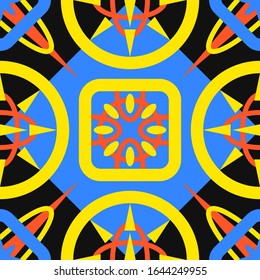 modern yellow circles and rounded square pattern on blue and black