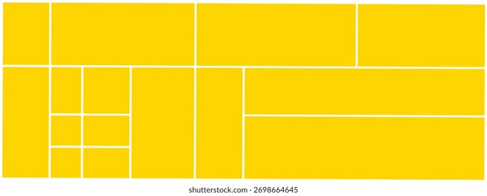 Layout de grade de colagem amarela moderna com retângulos geométricos limpos e linhas divisórias brancas, ideal para mosaicos fotográficos, modelos de design, mídias sociais ou modelos de portfólio.
