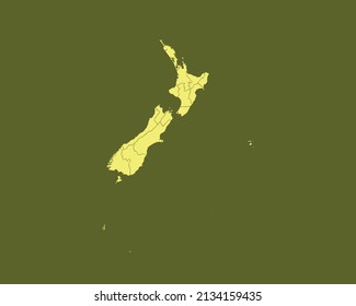 Modern Yellow Color High Detailed Border Map Of New Zealand Isolated on Green Background Vector
