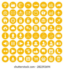 Modern yellow flat icon set of web, multimedia and business icons on a white background