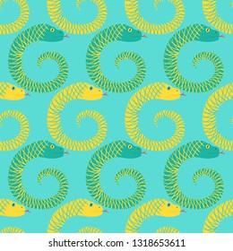 modern yellow and green snakes curled seamless pattern