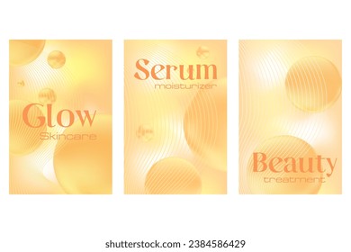 Modern yellow, honey shades background for beauty treatment products, cosmetics with glowing bubbles, serum drops, abstract wavy lines. Perfect for presentations, card design, flyers, posters.