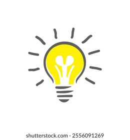 Modern yellow light bulb icon with rays. Idea and creativity symbol.