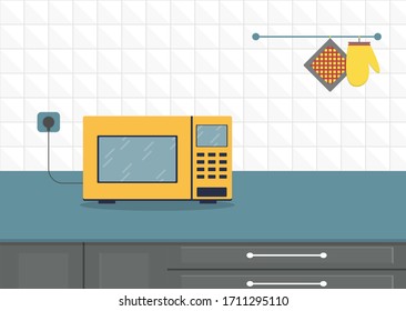 Modern yellow microwave on kitchen table icon for web design