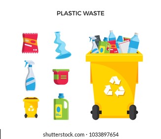 Modern Yellow Recycle Plastic Waste Garbage Bin And Trash Object Illustration Set, Suitable For Illustration, Book Graphics, Icons, Game Asset, And Other Recycle Related Activities.