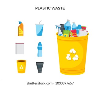 Modern Yellow Recycle Plastic Waste Garbage Bin And Trash Object Illustration Set, Suitable For Illustration, Book Graphics, Icons, Game Asset, And Other Recycle Related Activities.