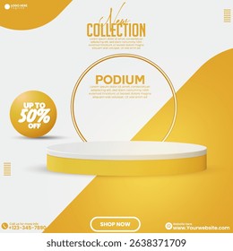 Modern Yellow Sale Banner with Podium Stage and Promotional Text Layout.  Social media beauty product sale empty abstract podium background design. Product Display Platform with 50% Off Badge. 