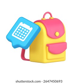 Moderna mochila escolar amarilla con detalles rosas y un símbolo de calendario, perfecta para organizar tareas educativas, empresariales o académicas. Icono 3D Ilustración vectorial realista