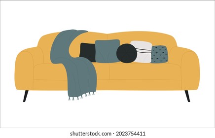 Modern yellow sofa couch with blanket and pillows for home living room decoration vector illustration. Cartoon settee couch, home furniture interior decor isolated on white
