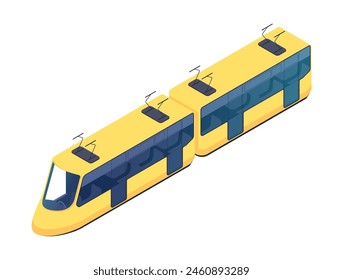 Modern yellow tram on a white background, showcasing urban public transportation. Isometric vector illustration isolated on white