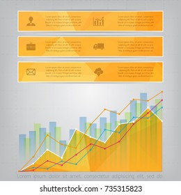 Modern yellow triangular style Business Infographics with abstract financial chart showing various visualization graphs