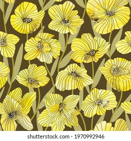 Modern yellow watercolor floral pattern seamless vector background. Trendy stylized watercolor and line flower design.