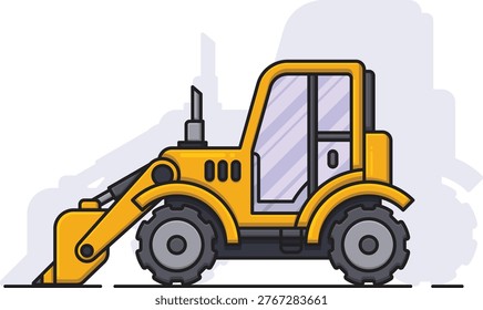 Modern yellow wheel loader vector illustration featuring clean lines and a flat design style. Ideal for construction branding, industrial icons, and heavy machinery themes. High-quality, scalable, and editable professional artwork.
