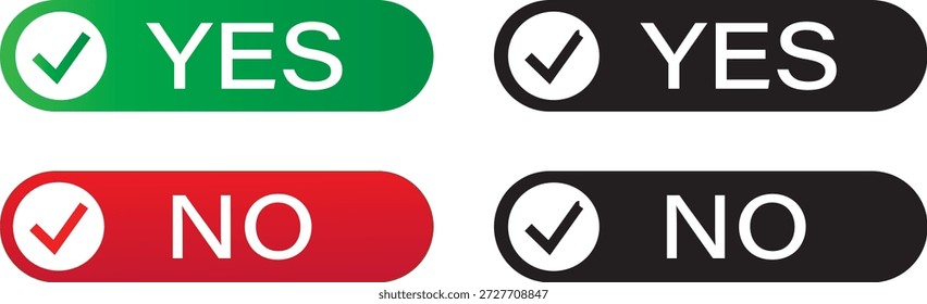 Iconos modernos de sí y no de Botón. Símbolos de elección de navegación por Web. Señales verdes de la garrapata y de la cruz roja, garrapata simple y conjunto de la marca cruzada, aceptan y rechazan los Botones minimalistas,
