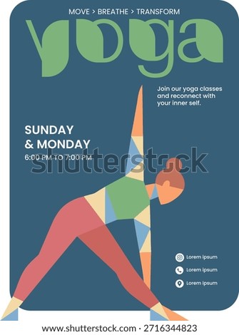 Modern Yoga Class Poster with Geometric Woman Illustration – Fitness, Wellness and Mindfulness Design