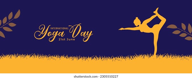 modern yoga day posture banner with grass and leave design vector