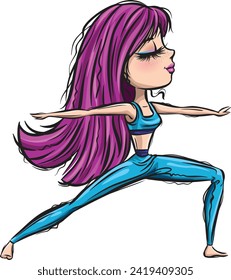 Modern yoga girl. Healthy life style. Yoga routine. Classic yoga asanas. Sport exercise in usual life. Cartoon style girls. Yoga for children