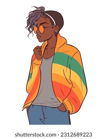 Modern young african woman dressed in colorful and trendy clothes and sunglasses isolate on white background. 
