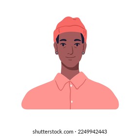 Modern young black man, face portrait. Fashion male character wearing knitted hat, earrings, ear tunnels. African guy in casual trendy apparel. Flat vector illustration isolated on white background