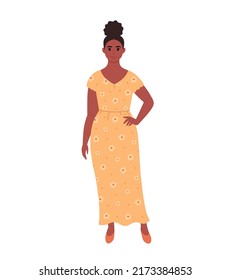 Modern young black woman in casual outfit. Stylish fashionable look. Hand drawn vector illustration