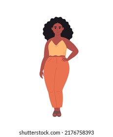 Modern young black woman in casual outfit. Stylish fashionable look. Business Woman. Teacher, entrepreneur, office worker. Hand drawn vector illustration