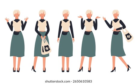 Mulher loira jovem moderna em roupa elegante mostrando diferentes poses e gestos, perfeito para estilo de vida, moda ou conceitos de design de personagem isolado na ilustração de vetor de fundo branco