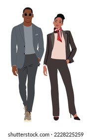 Modern young business couple wearing formal official outfit. Stylish black woman and african american man wearing suits. Flat vector realistic illustration isolated on white background.