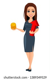 Modern young business woman with bitcoins and red arrow. Cheerful cartoon character businesswoman in gray dress. Vector illustration on white background