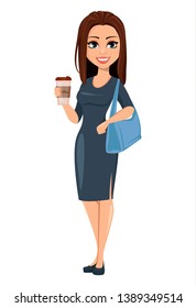 Modern young business woman with coffee and hand bag. Cheerful cartoon character businesswoman in gray dress. Vector illustration on white background