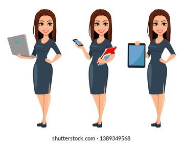 Modern young business woman holds laptop, holds smartphone and holds tablet. Cheerful cartoon character businesswoman in gray dress, set of three poses. Vector illustration