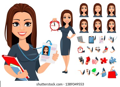 Modern young business woman, pack of body parts, emotions and things. Cheerful cartoon character businesswoman in gray dress. Vector illustration