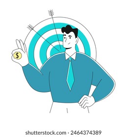 Modern young businessman showing ok gesture with coin inside. Concept of successfully completed goal, completed tasks