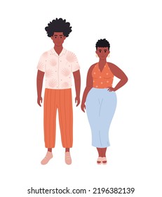 Modern young couple of african american woman and man in casual outfit. Stylish fashionable look. Hand drawn vector illustration