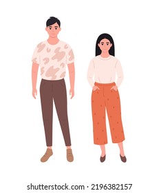 Modern young couple of asian woman and man in casual outfit. Stylish fashionable look. Hand drawn vector illustration