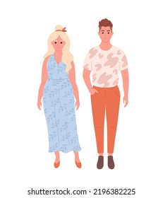 Modern young couple of caucasian woman and man in casual outfit. Stylish fashionable look. Hand drawn vector illustration
