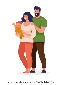 Modern young couple with a child, traditional happy family. Man and woman with a baby. Characters for design. Flat cartoon vector illustration isolated on white background