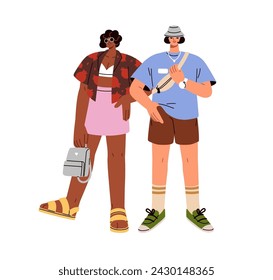 Modern young couple in summer apparel. Man and woman, wearing fashion outfit. Guy and girl standing in stylish casual clothes in trendy style. Flat vector illustration isolated on white background