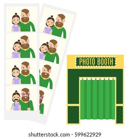 Modern young couple taking selfie photo in photo booth. Flat and photo booth icon. Hipster Man and woman family having fun and get romantic memories. Vector illustration, isolated design elements