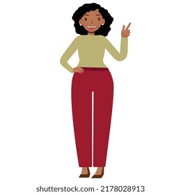Modern young dark skin businesswoman is pointing or showing something direction pointing finger. Finger symbols of pointing. Flat vector cartoon illustration isolated on white background. Vector
