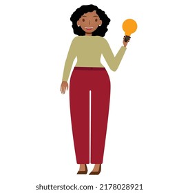 Modern young dark skin businesswomen holding a light bulb. Happy African female entrepreneur has business idea. Concept of innovation, solution and creativity. Flat vector cartoon illustration