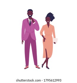 Modern young dark skin couple wearing formal official outfit. Stylish woman, holding papers, and man posing in pink costume. Flat vector cartoon illustration isolated on white background