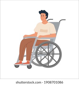 Joven e incapacitado moderno en silla de ruedas. Carácter de niño discapacitado sonriente aislado en fondo blanco. Hombre enfermo, rehabilitación en el hospital. Ilustración vectorial.