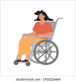 Modern Young Disabled Woman on Wheelchair. Smiling handicapped girl character isolated on white. Rehabilitation at hospital, Younger Adult with Disability at Nursing Home. Vector illustration.
