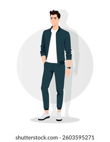 Modern Young Gentleman Wearing a Navy Blue Suit and White Sneakers Standing Confidently